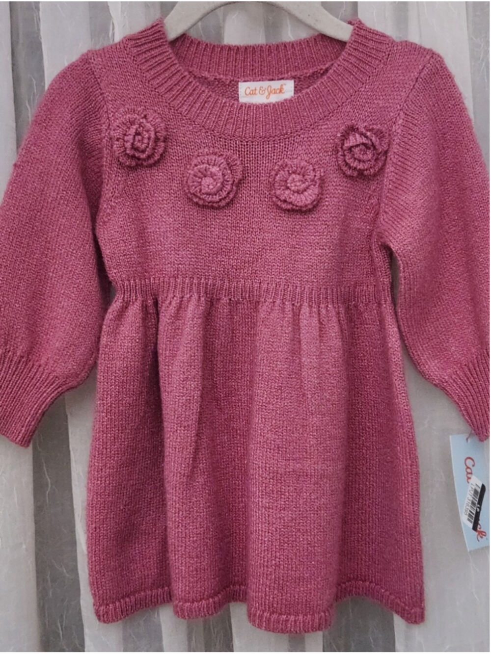 Cat & Jack Rose-Pink Knit Dress with Rosette Accents Sz-12mons, NWT
